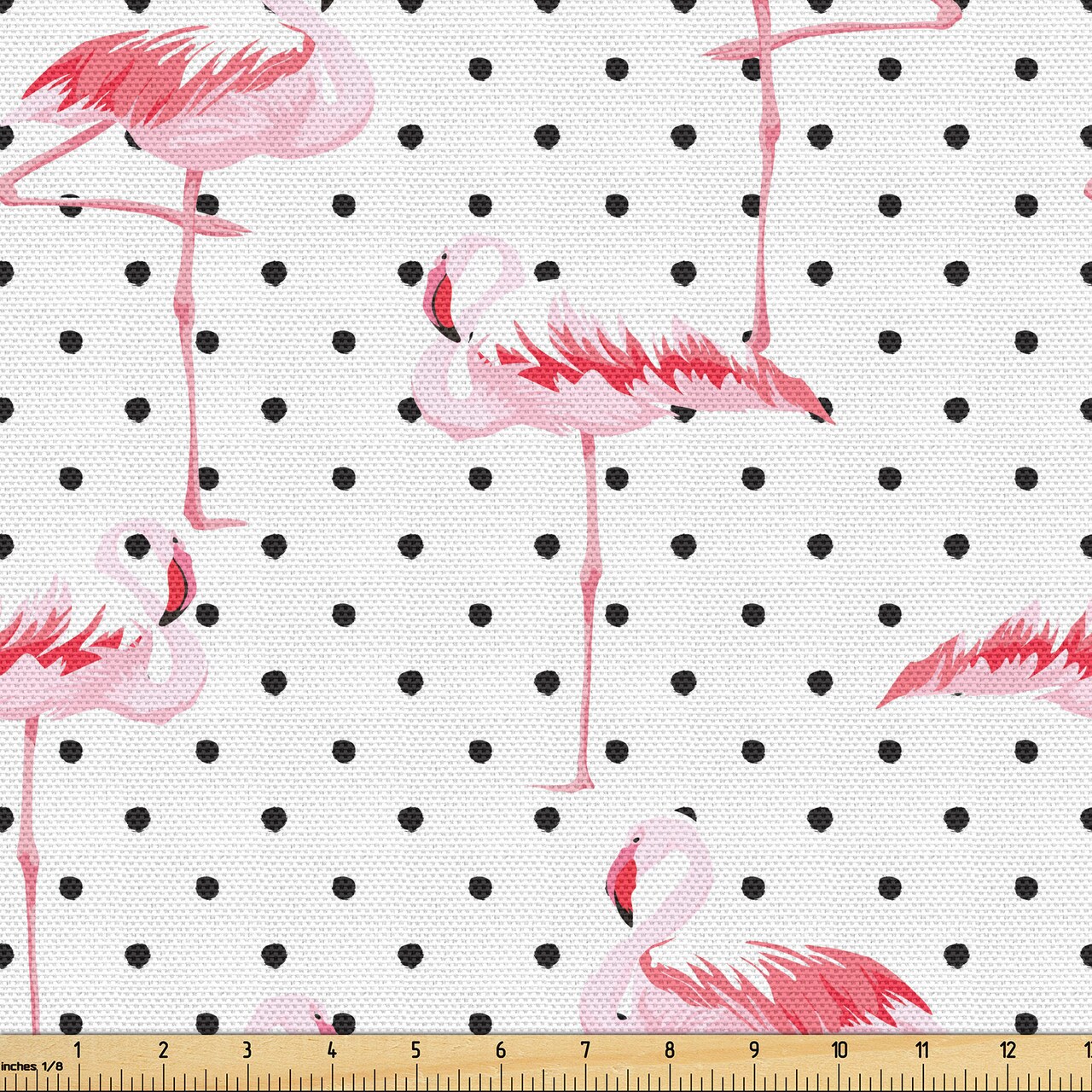 Ambesonne Retro Fabric by The Yard, Flamingo Birds on Minimalist Polka Dots Background Illustration, Decorative Fabric for Upholstery and Home Accents, 2 Yards, Pink White